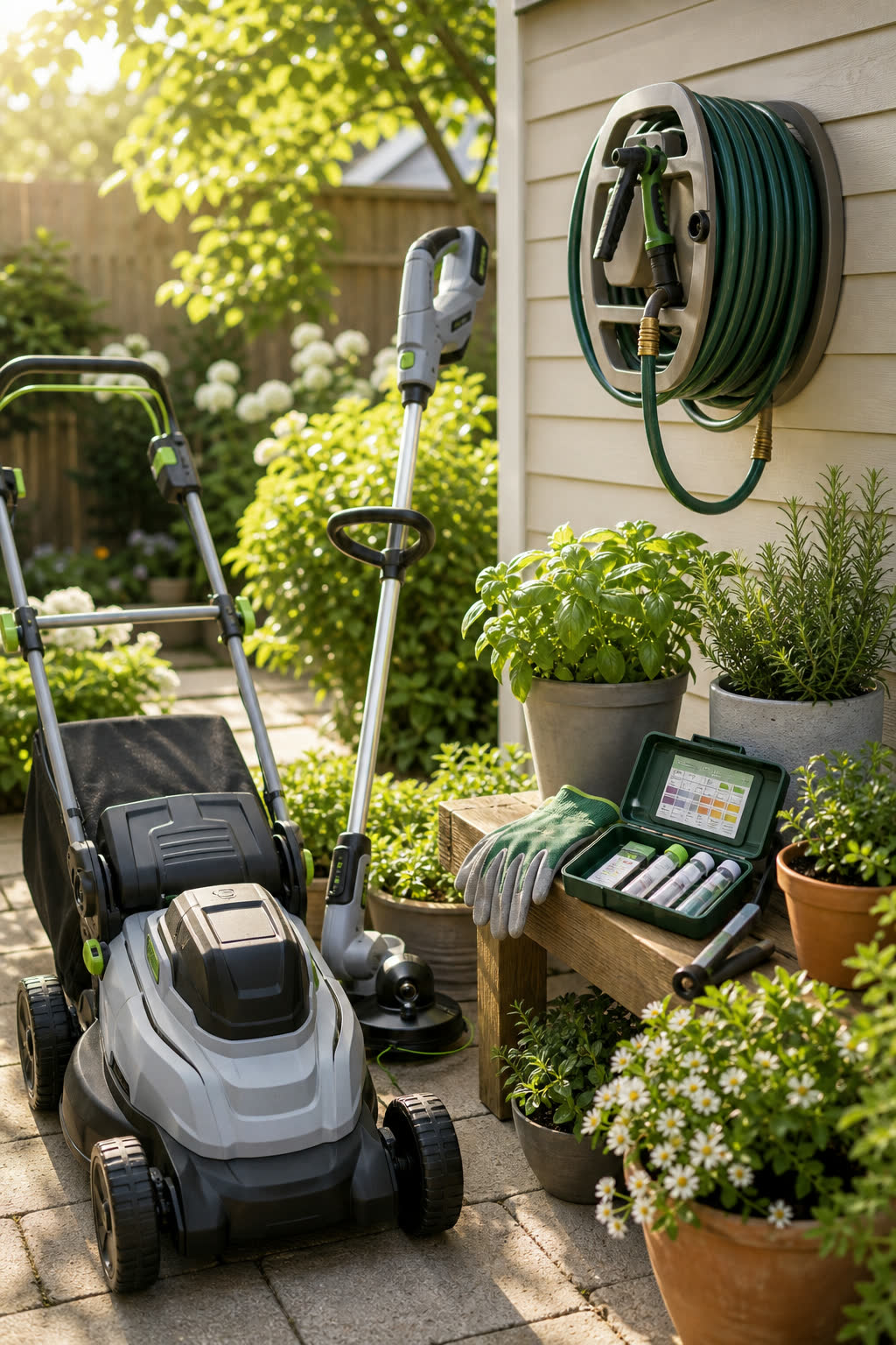 Cordless mower, trimmer, soil test kit, gloves, and potted plants arranged on a small patio.
