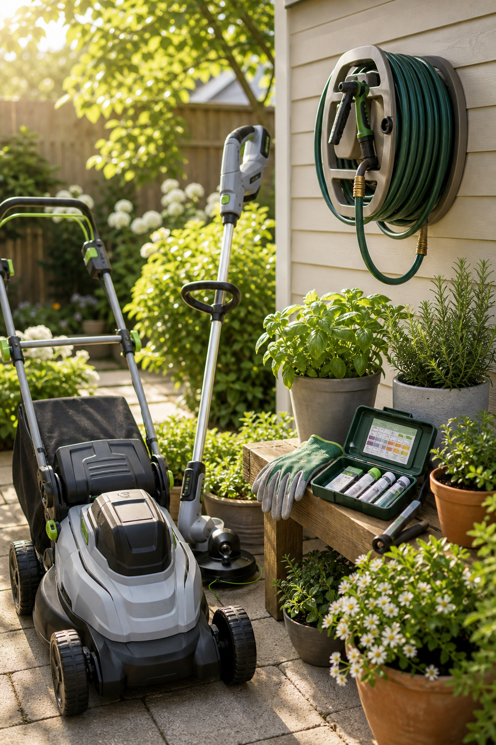 Beginner yard tools, gloves, soil test kit, and small potted plants arranged on a patio.