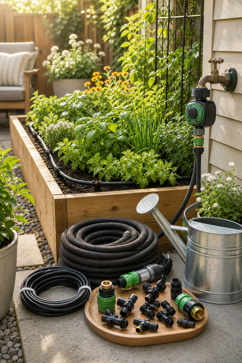 A drip irrigation kit, soaker hose, fittings, timer, and watering can beside a raised bed.