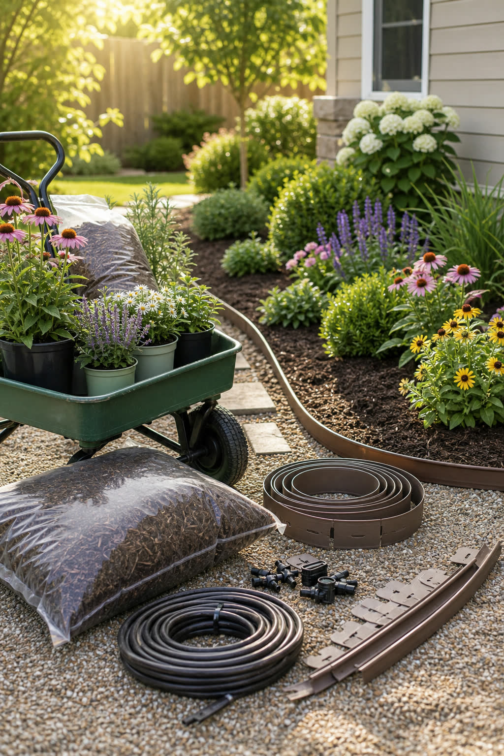 Flower bed supplies including edging, mulch, drip tubing, potted perennials, and a garden cart.