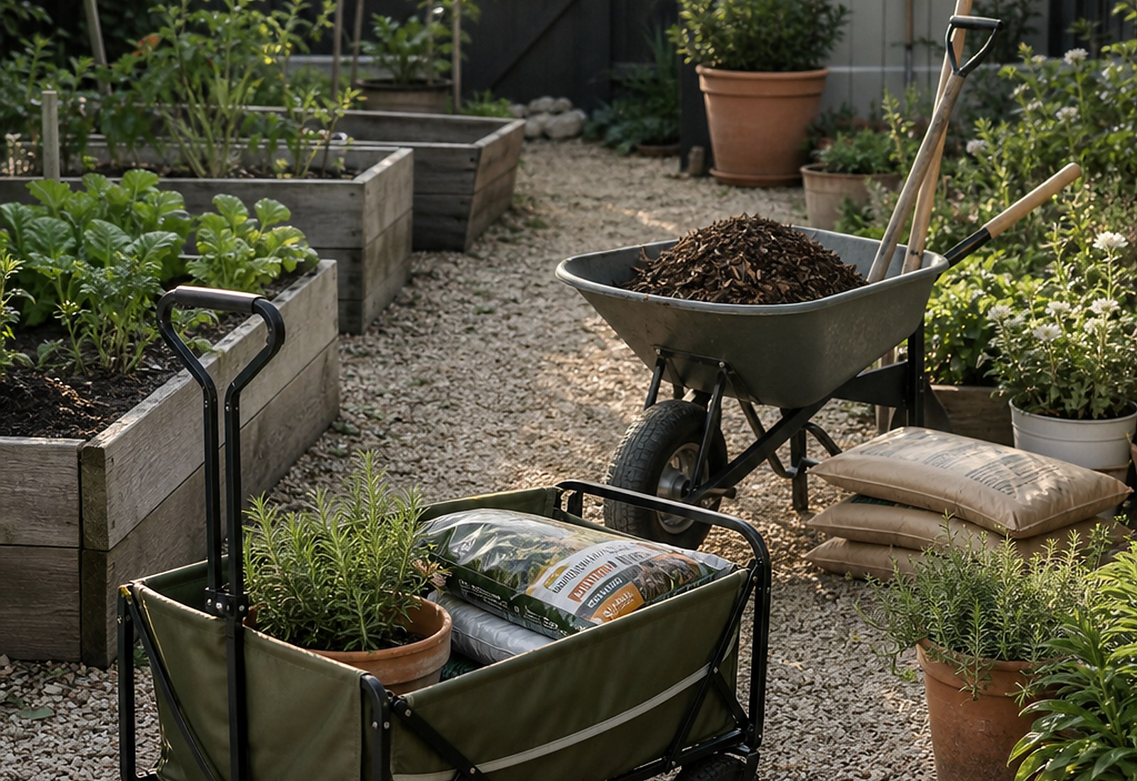 Garden cart and wheelbarrow beside a narrow backyard path.