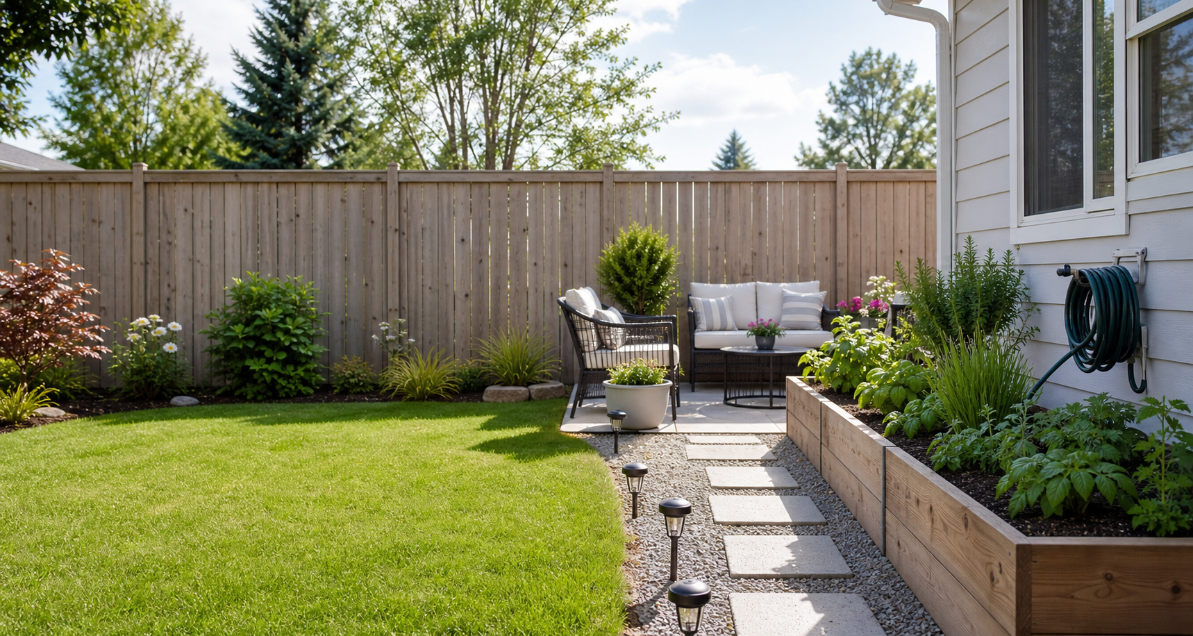 A tidy small backyard with raised beds, planters, path lights, and a simple patio seating area.