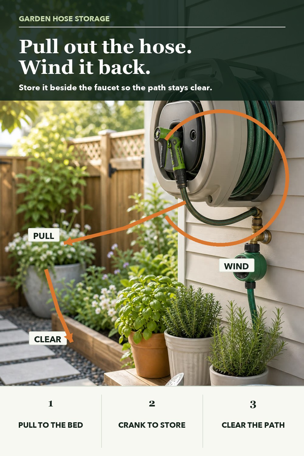 Three-step garden hose reel explainer: pull the hose to the bed, crank it back onto the reel, and leave the walking path clear between uses.