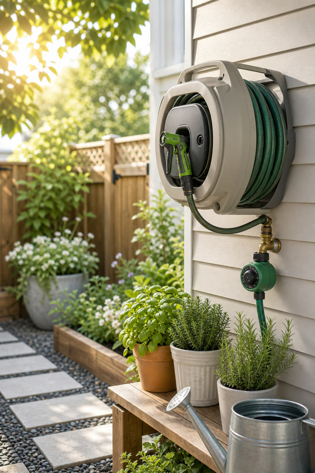 A wall-mounted hose reel with a green hose above a bench, watering can, and potted herbs.