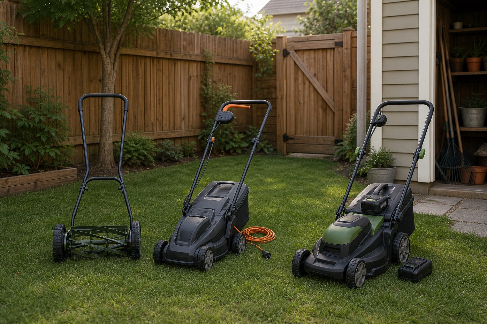A manual reel mower, compact corded electric mower, and compact battery mower parked side by side in a small backyard.