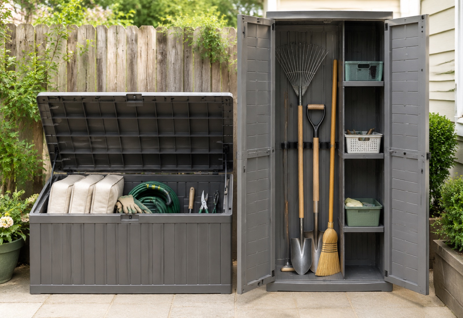 Open deck box with cushions and hand tools beside an open tall garden tool cabinet.