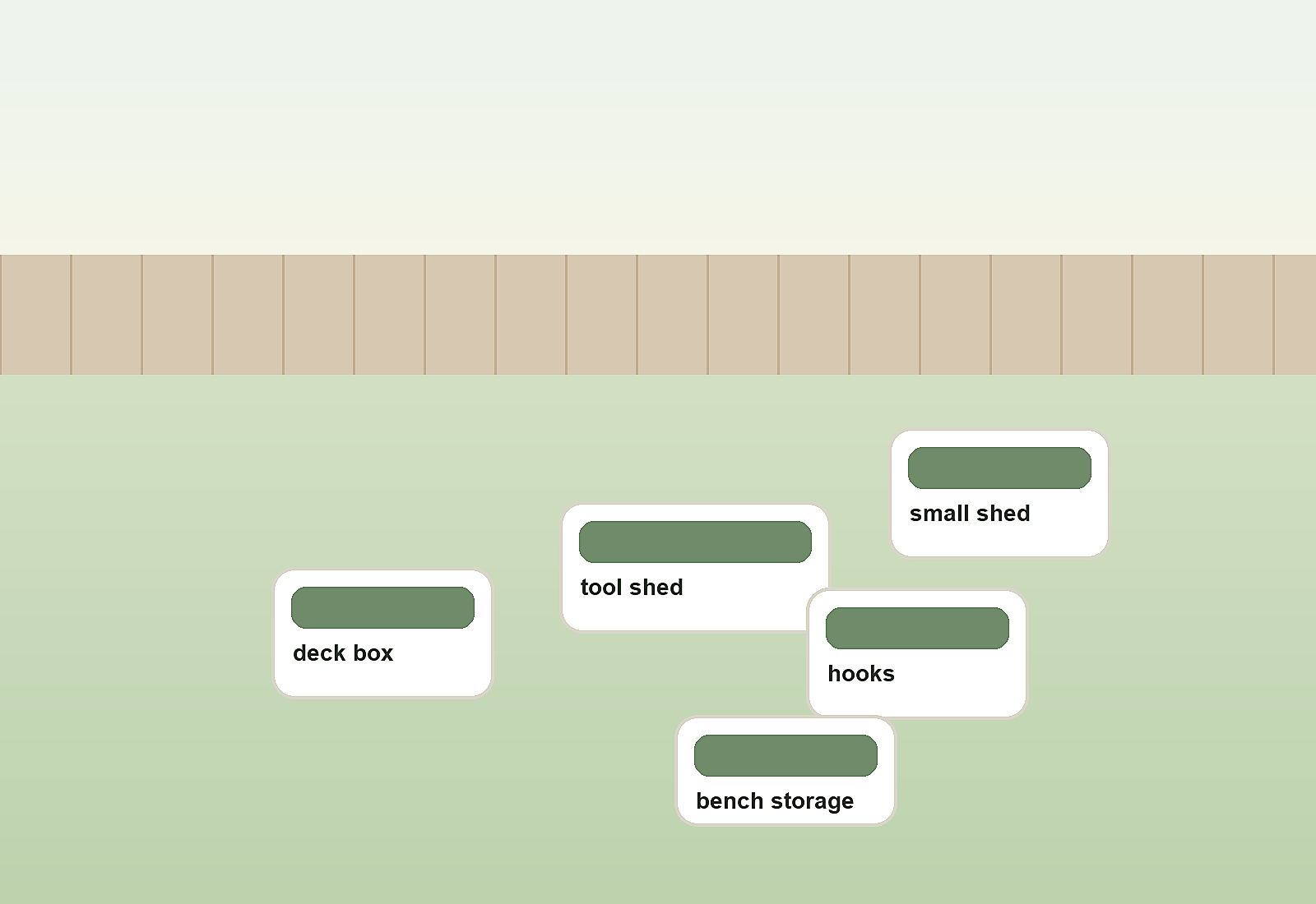 Outdoor deck box, vertical tool shed, hooks, and a compact shed arranged in a small yard.
