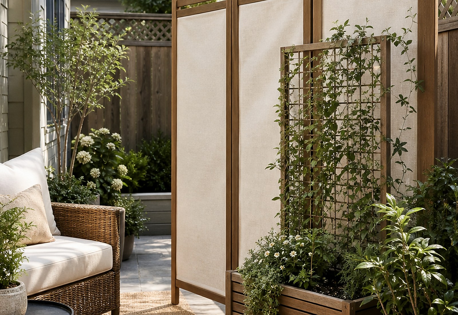 Freestanding privacy screen and planter trellis in a compact backyard seating area.