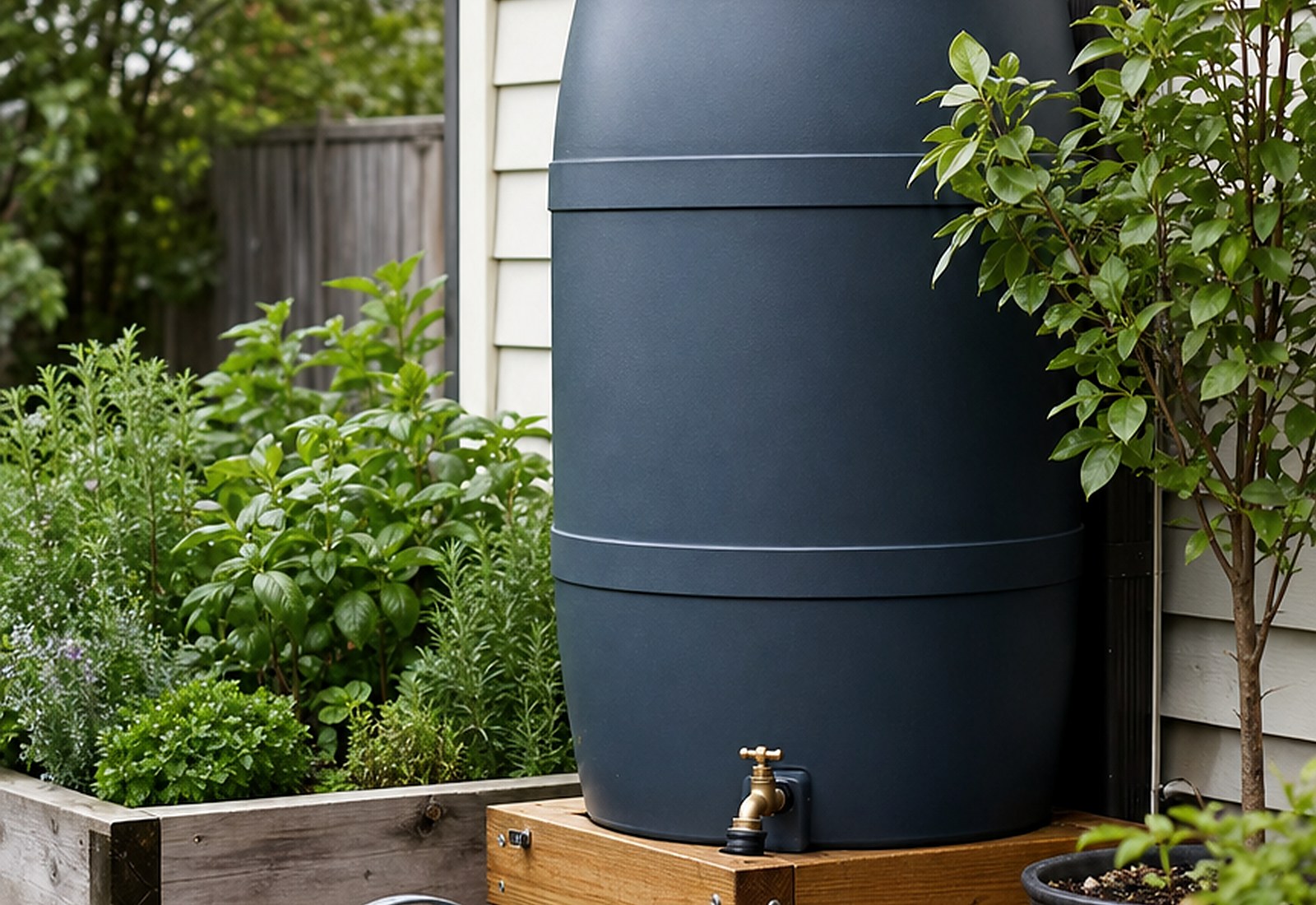 Rain barrel on a stand connected to a downspout beside a small garden bed.