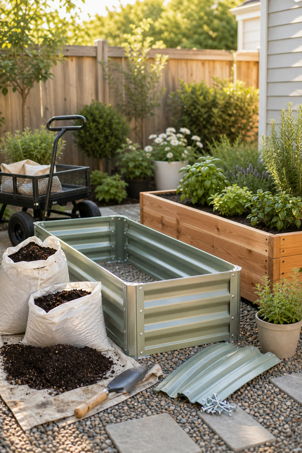 A raised bed kit, soil bags, liner, cart, and potted herbs set out in a small yard.