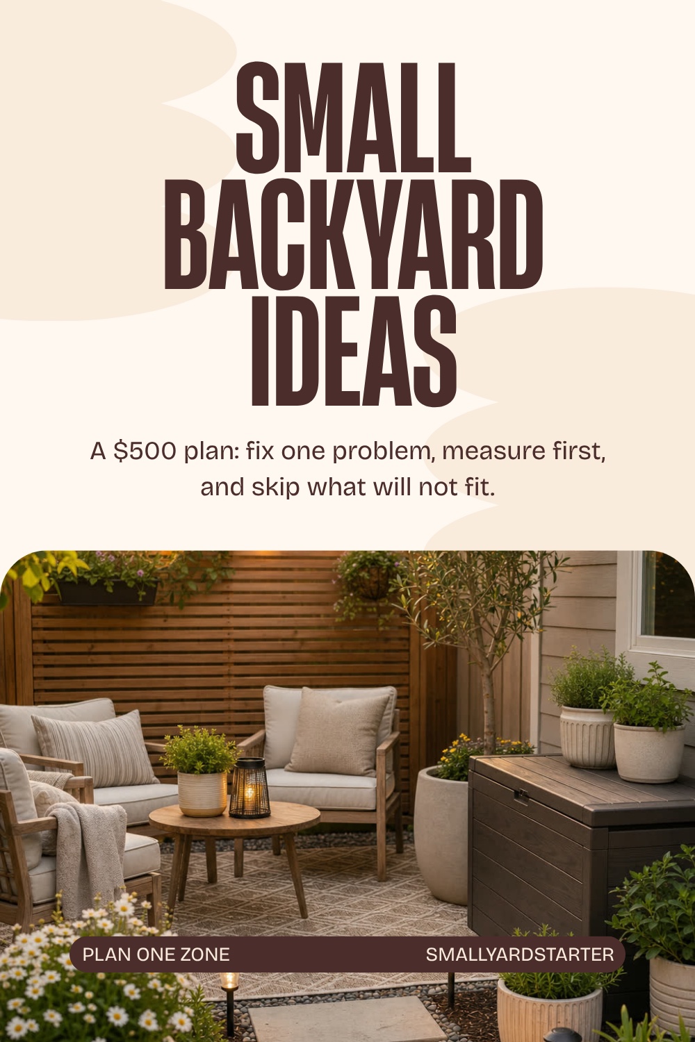 Budget planning graphic showing a compact backyard seating area with a privacy screen, planters, lights, a rug, and a deck box.