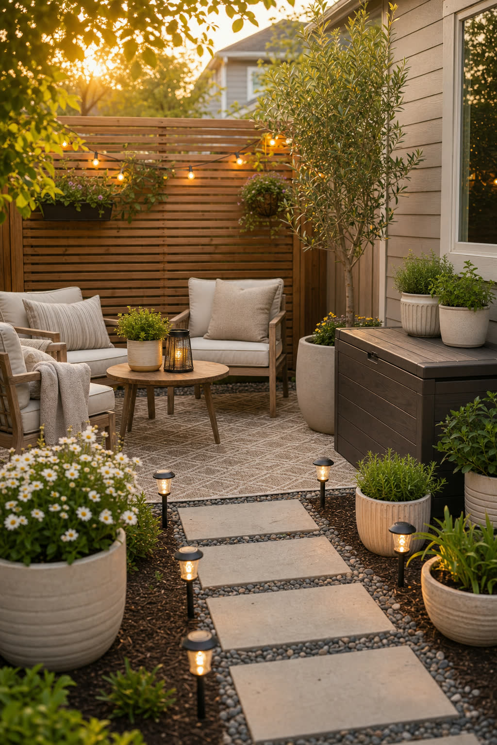 A small backyard patio with planters, solar lights, an outdoor rug, and a privacy screen.
