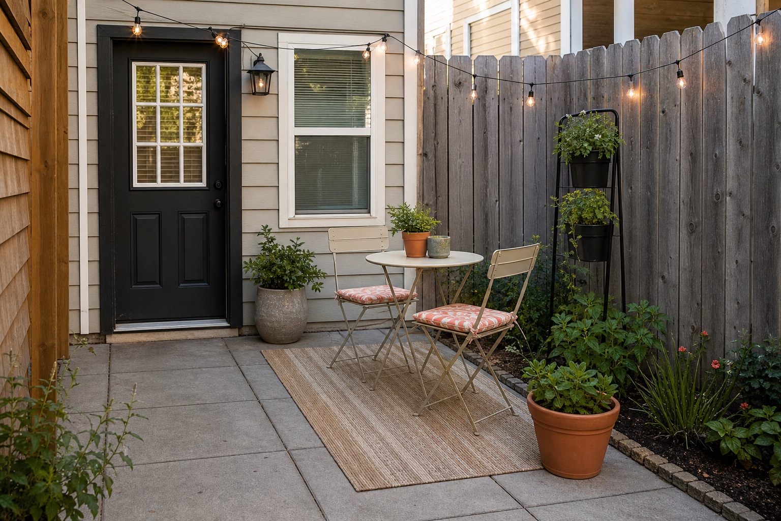Compact backyard patio with a two-seat bistro table, folding chairs, planters, an outdoor rug, and a clear route from the door.