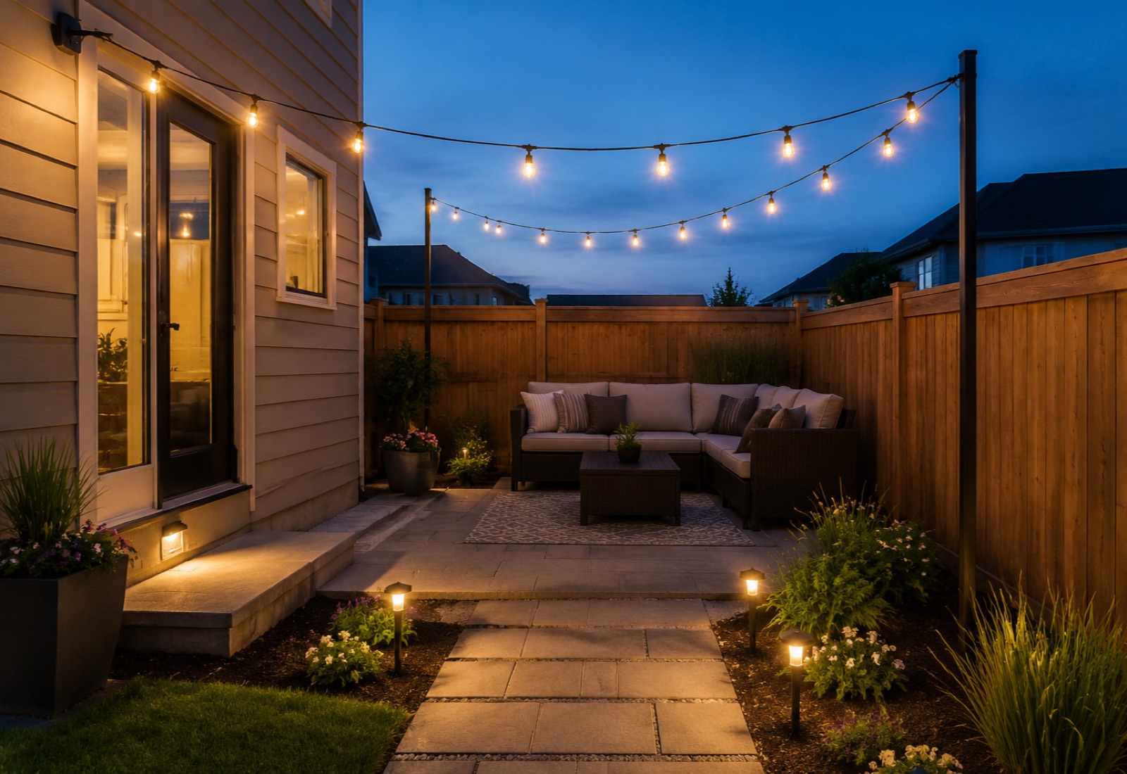 Small patio with warm string lights, path lights, plants, and a step light.