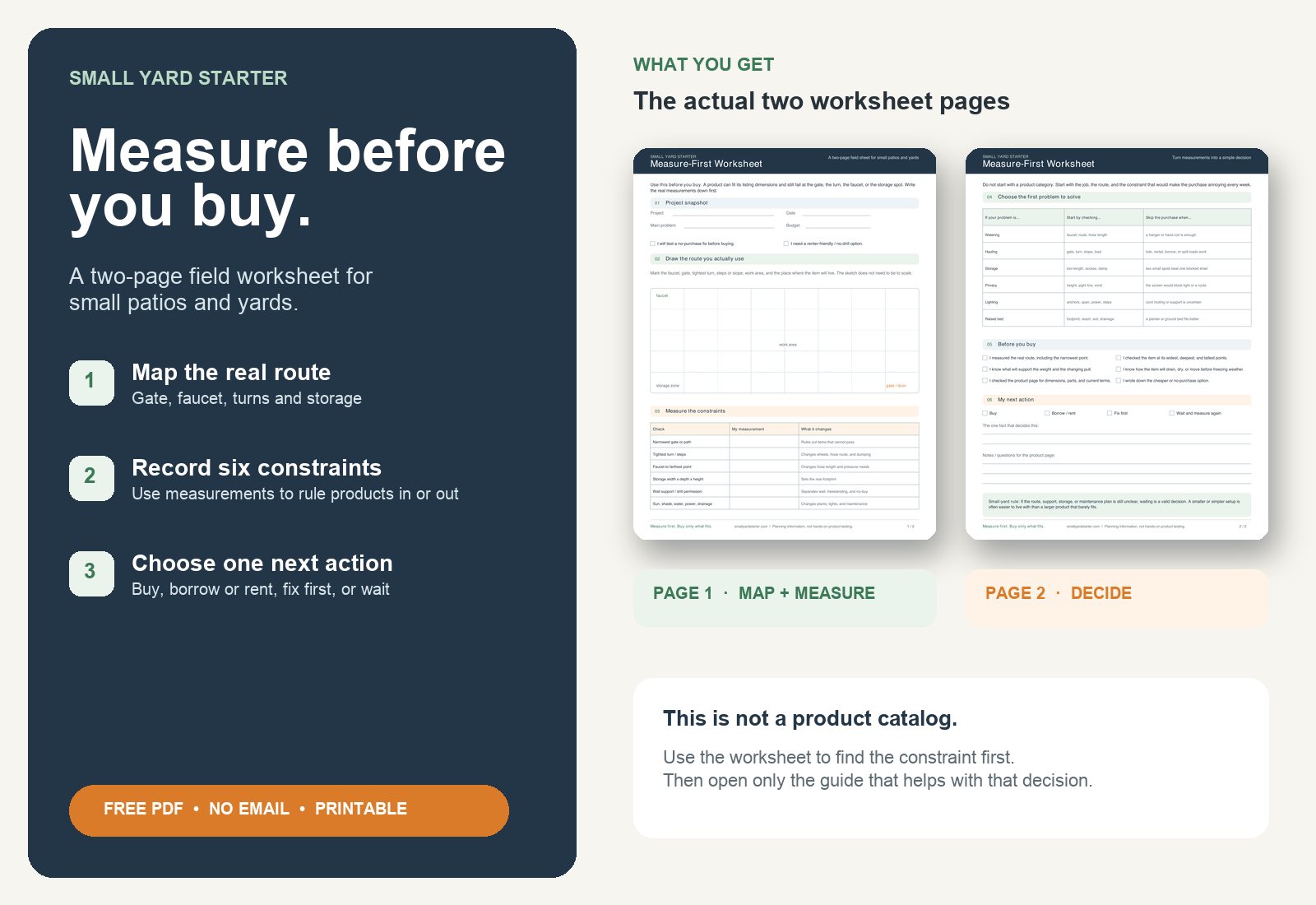Preview of the two-page Small Yard Measure-First Worksheet showing a route sketch, six constraints, a before-you-buy checklist, and four possible next actions.