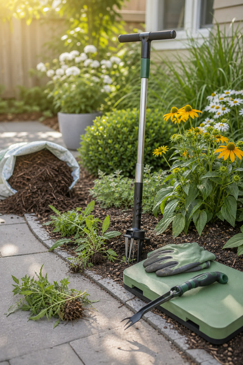 A stand-up weed puller, gloves, kneeling pad, trowel, mulch, and pulled weeds on a patio.